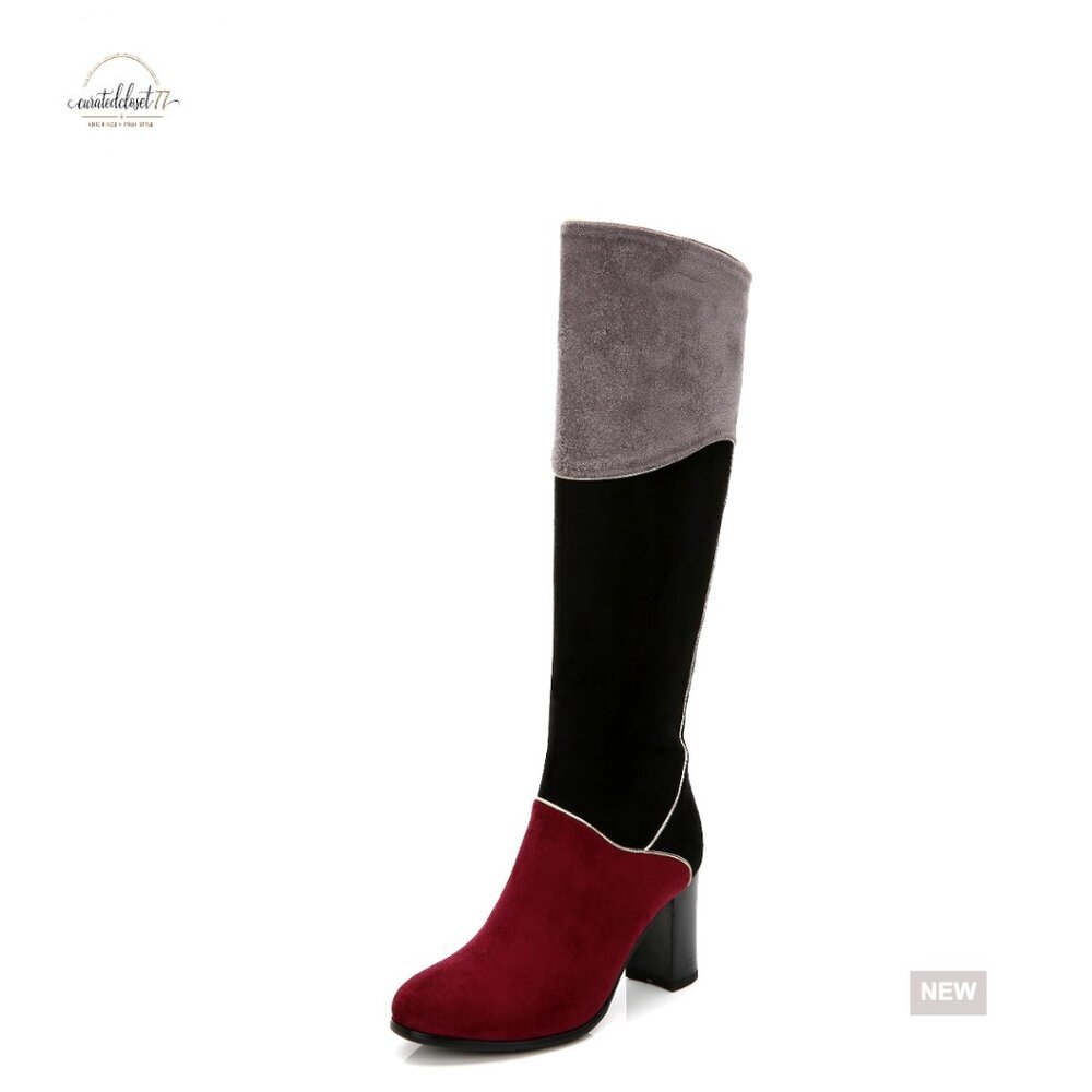 Knee-High Faux Suede Heeled Riding Boots with Patched Design